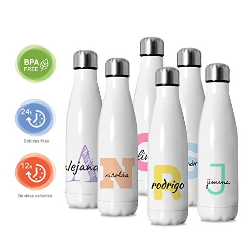 Botella personalizada con nombre + inicial | Botella de agua acero inoxidable térmica de doble Capa | Regalos con frases | Bebidas frías 24h y Calientes 12h | Capacidad 500 ml | Inicial + Nombre