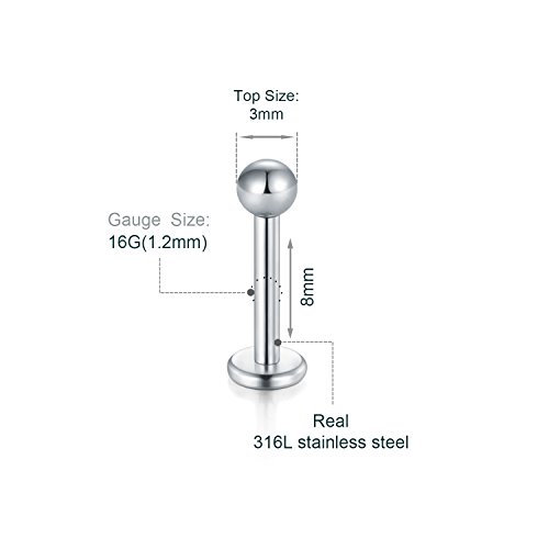 Briana Williams 10pcs 1.2mm 316L Acero Inoxidable Labret Labio Piercing Tragus Helix cartílago Pendiente Barbell Stud, 6-8 mm Longitud de la Barra