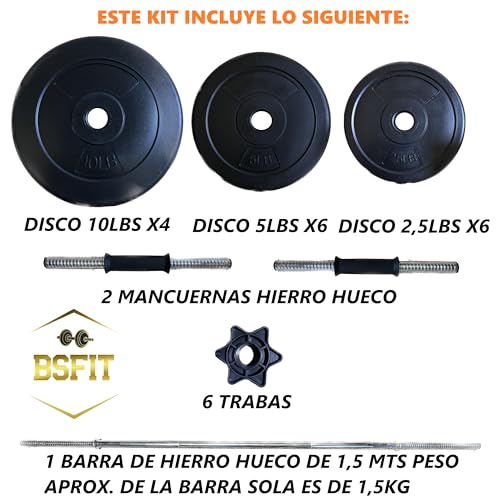 BSFIT® Kit de pesas y Mancuernas Regulables (Set de 10lb 5lb 2,5lb) - Juego de Pesas Ajustables para Musculación y Entrenamiento de Fuerza - Barra Hierro - Gimnasio en Casa