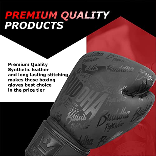Buddha Fight Wear. Guantes de Entrenamiento y Combate, Special Edition, Fabricados a Mano, Boxeo, Muay Thai, Kick Boxing y MMA Modelo Top Premium Negro Mate 16 Onzas
