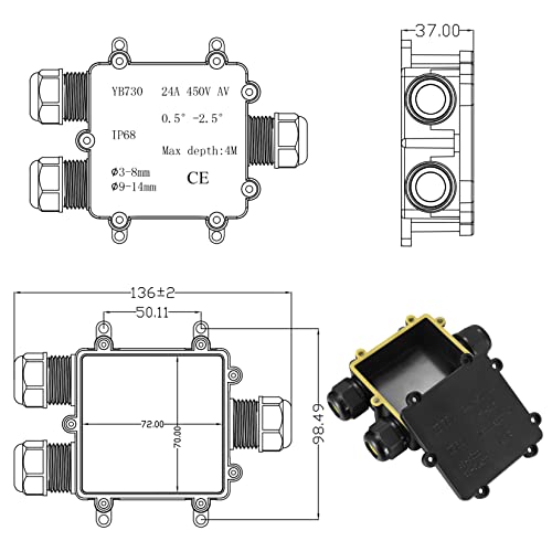 Caja de Conexiones IP68 Impermeable, 3 Vías Cajas de Empalmes Estanca Exterior Electrica, Conectores de Cable PA9 para Diámetro Cable 3-8mm y 9-14mm