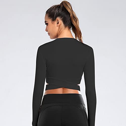 Camiseta Deportiva Corta de Manga Larga para Mujer Camisas Sin Costuras con Orificio para el Pulgar Yoga Crop Top de Running para Correr Fitness