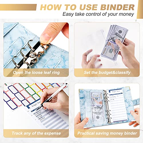 Carpeta de Cuaderno A6, TAOPE 26pcs Cubierta de Hojas Sueltas de Cuero de PU con 12 bolsas de transparente con cremallera, Clasificador de presupuesto para Guardar Tarjetas Foto Facturas - Mármol Azul
