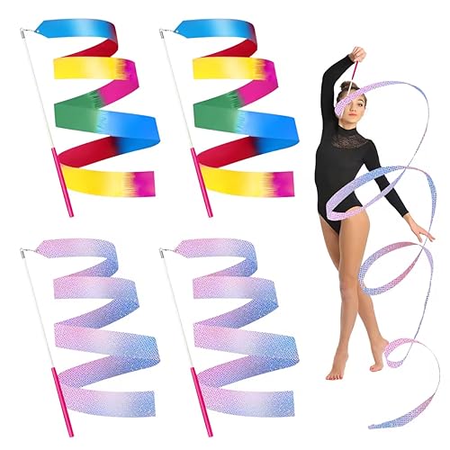 Cinta de Baile para niños, 4 Piezas 2 m Cinta Baile Giratoria Larga Cinta de Gimnasia, Cinta Gimnasia Ritmica con Varita, se Adapta a Gimnasia de Baile artístico, Giro de bastón (Multicolor)