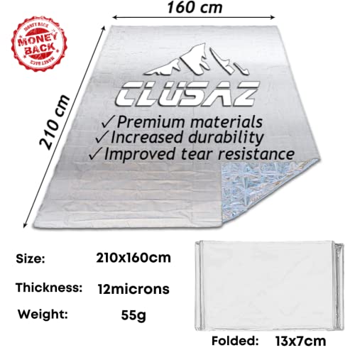 CLUSAZ 6 Manta Termica Supervivencia XL, Emergencia Mylar Manta, Botiquin Manta para Coche, Camping, Montaña Senderismo, Mochila, Fria, Aislante Primeros Auxilios, Kit Supervivencia