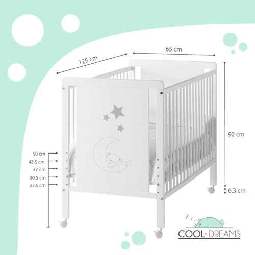 COOL · DREAMS - Cuna Bebe Indi con colchón Convertible en Cama, Blanca, Madera de Haya + Barandillas protección + Colchón Morfeo + Protector de colchón