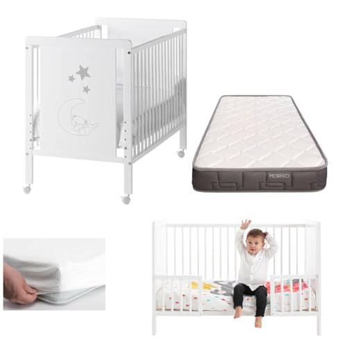 COOL · DREAMS - Cuna Bebe Indi con colchón Convertible en Cama, Blanca, Madera de Haya + Barandillas protección + Colchón Morfeo + Protector de colchón