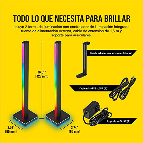 Corsair iCUE LT100 Kit de Inicio de Torres de Iluminación Inteligente, Dos Torres 422 mm de Alto con 46 LED Personalizables, Difusor de Luz Integrado, Soporte Extraíble para Auriculares, Negro