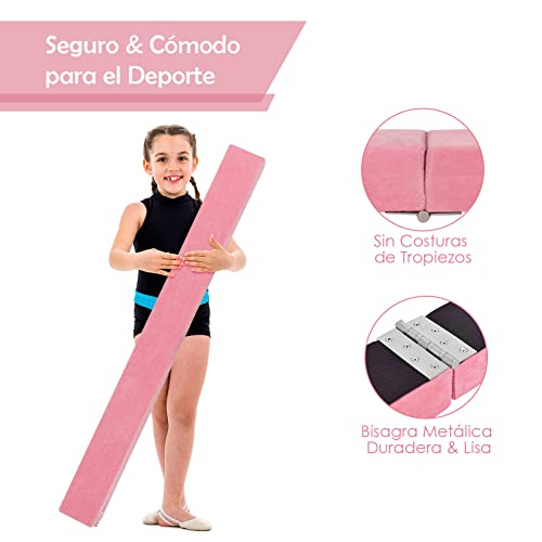 COSTWAY Barra de Equilibrio Gimnasia de 210 cm, Viga de Equilibrio Plegable de Gimnasia, Barra Gimnasia Artistica con Empuñaduras, Resistente al Desgaste para Niños Gimnastas y Animadoras (Rosado)