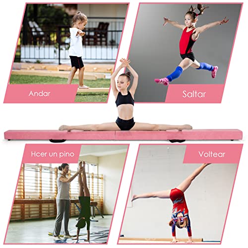 COSTWAY Barra de Equilibrio Gimnasia de 210 cm, Viga de Equilibrio Plegable de Gimnasia, Barra Gimnasia Artistica con Empuñaduras, Resistente al Desgaste para Niños Gimnastas y Animadoras (Rosado)