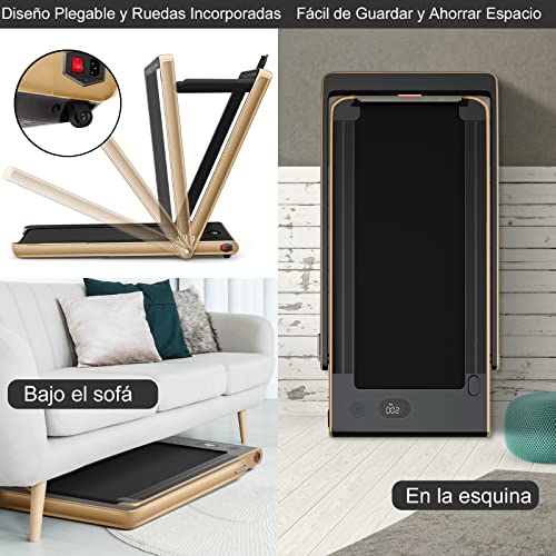 COSTWAY Cinta de Correr Plegable 2 en 1, 12KM/H, Cinta de Andar con Control Remoto, Superficie 100x40cm, Doble Pantalla LED, App Control, Soporte para Teléfono y Altavoz (champán)
