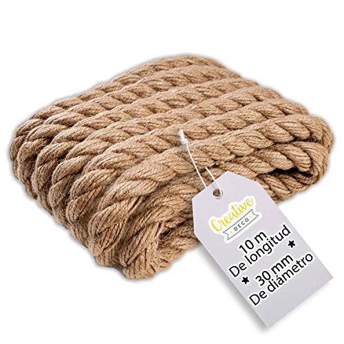 Creative DECO 10m Cuerda de Yute | 30mm de Grosor | Cuerda Fuerte Y Duradera | Trenzada | Color Marrón Natural Jardinería, Decoración De Interiores, Proyectos De Bricolaje Y Artesanía