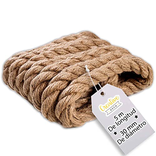 Creative DECO 5m Cuerda de Yute | 30mm de Grosor | Cuerda Fuerte Y Duradera | Trenzada | Color Marrón Natural Jardinería, Decoración De Interiores, Proyectos De Bricolaje Y Artesanía
