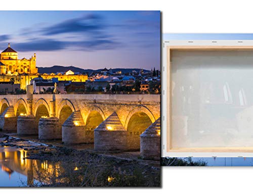 Cuadro lienzo canvas Cordoba Puente Mezquita y Catedral luces al atardecer Andalucia – Varias medidas - Lienzo de tela bastidor de madera de 3 cm - Impresion en alta resolucion (50, 33)