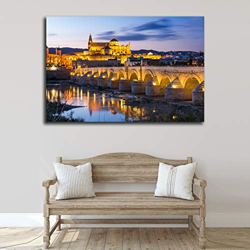 Cuadro lienzo canvas Cordoba Puente Mezquita y Catedral luces al atardecer Andalucia – Varias medidas - Lienzo de tela bastidor de madera de 3 cm - Impresion en alta resolucion (50, 33)