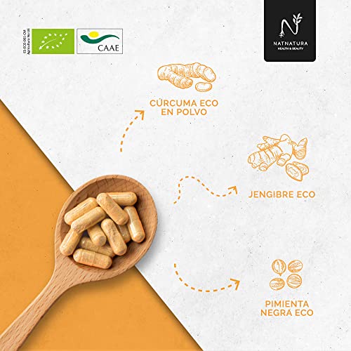 Cúrcuma ecológica con Jengibre yPimienta negra. Potente antioxidante y antiinflamatorio natural. 120 cápsulas vegetales. Natnatura Health & Beauty