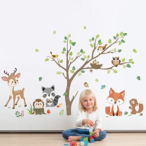 decalmile Pegatinas de Pared Animales Bosque Árbol Vinilos Decorativos Ciervo Zorro Búho Adhesivos Pared Habitación Infantiles Niños Bebés Guardería