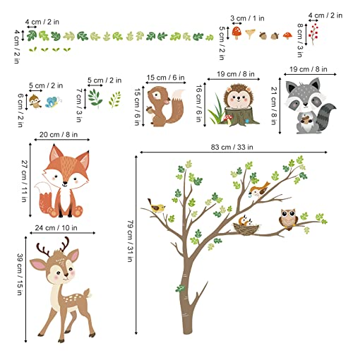 decalmile Pegatinas de Pared Animales Bosque Árbol Vinilos Decorativos Ciervo Zorro Búho Adhesivos Pared Habitación Infantiles Niños Bebés Guardería