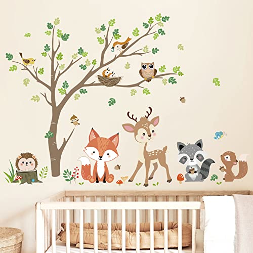 decalmile Pegatinas de Pared Animales Bosque Árbol Vinilos Decorativos Ciervo Zorro Búho Adhesivos Pared Habitación Infantiles Niños Bebés Guardería