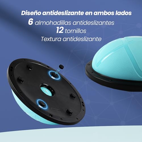 DH FitLife Balón de equilibrio, yoga, 60 x 22 cm, soporta hasta 200 kg, media pelota de gimnasia, tabla de equilibrio con bomba y 2 bandas de fitness, color azul