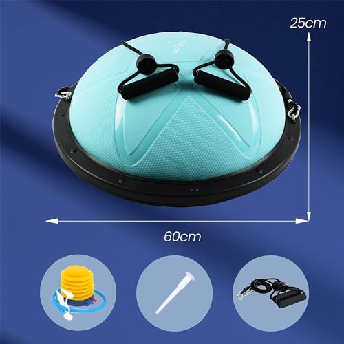DH FitLife Balón de equilibrio, yoga, 60 x 22 cm, soporta hasta 200 kg, media pelota de gimnasia, tabla de equilibrio con bomba y 2 bandas de fitness, color azul
