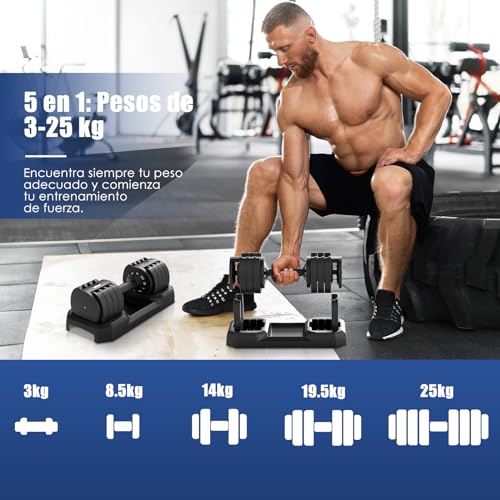 DH FitLife Mancuernas Ajustables de 3 a 25 kg para Entrenamiento de Fuerza, Juego de Pesas con Base Que ahorran Espacio para Gimnasio en casa, Pesas Variables 5 en 1(2 Piezas por Set)