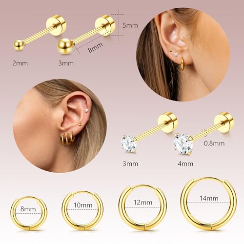 Dochais 8 Pares 316L Pendientes De Acero Quirúrgico, 14K Chapado En Plata y Oro Circonio Cúbico Ronda Stud, Hipoalergénico Cartílago Huggie Hoop, Multi Piercing