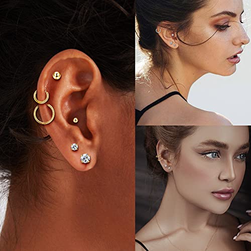 Dochais 8 Pares 316L Pendientes De Acero Quirúrgico, 14K Chapado En Plata y Oro Circonio Cúbico Ronda Stud, Hipoalergénico Cartílago Huggie Hoop, Multi Piercing