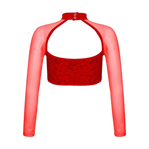 dPois Crop Top de Danza Ballet para Niña Camiseta Manga Larga con Lentejuelas Brillantes Top Manga Larga de Yoga Gimnasia Disfraz Bailarina Niña Rojo 9-10 años