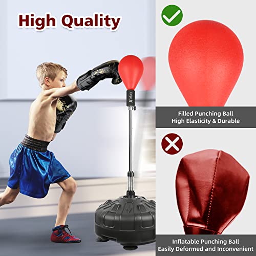 Dripex Saco de Boxeo de pie para Niños, Punching Ball con Base de 6 ventosas Altura Ajustable 135-155cm, Regalo Ideal para Navidad y Año Nuevo (Roja+Guantes)
