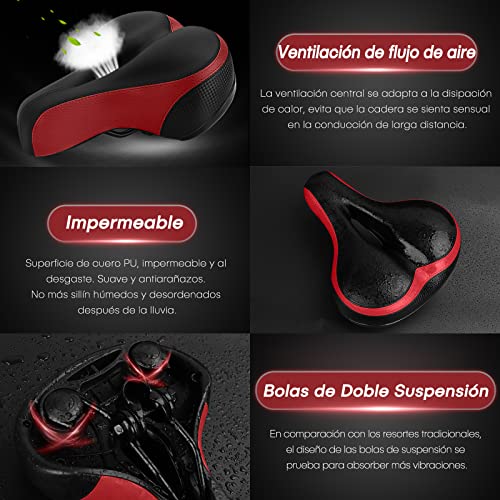 Dripex Sillín Bicicleta Cómodo Impermeable, Sillín de Bicicleta Gel (Negro+Rojo)