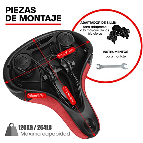 Dripex Sillín Bicicleta Cómodo Impermeable, Sillín de Bicicleta Gel (Negro+Rojo)