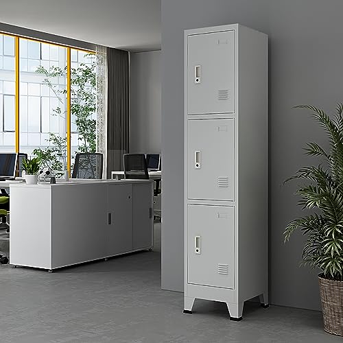 [en.casa] Casillero Metálico con Portaetiquetas para Colegio Gimnasio Oficina Vestuario Armario de Taquilla 3 Puertas con Cerradura 180 x 38 x 45 cm Acero - Gris