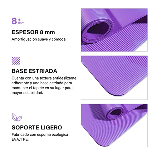 Esterilla Deporte Yoga Pilates Fitness Colchoneta Gimnasia Antideslizante,alfombras yoga NBR Alta Densidad Gruesa 8mm Diseñada para Pilates y Entrenamiento (8MM-MORADO)