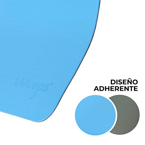 esterilla yoga Wueps, incluye correa de hombro y bolsa de transporte, ideal para realizar deporte en casa, antideslizante (Color Azul Lago y Gris Fresco)