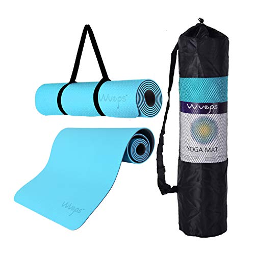 esterilla yoga Wueps, incluye correa de hombro y bolsa de transporte, ideal para realizar deporte en casa, antideslizante (Color Azul Lago y Gris Fresco)