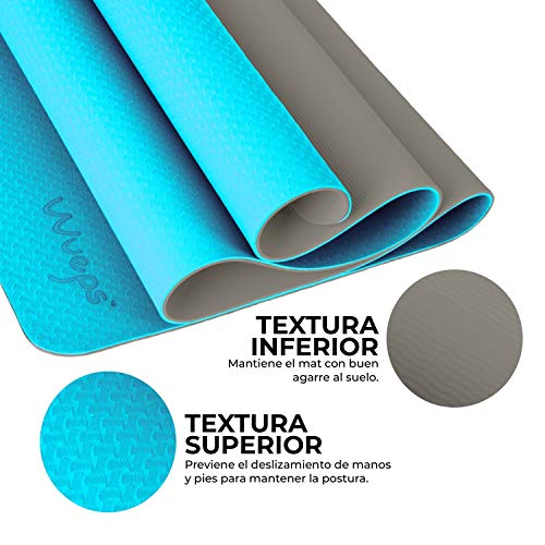 esterilla yoga Wueps, incluye correa de hombro y bolsa de transporte, ideal para realizar deporte en casa, antideslizante (Color Azul Lago y Gris Fresco)