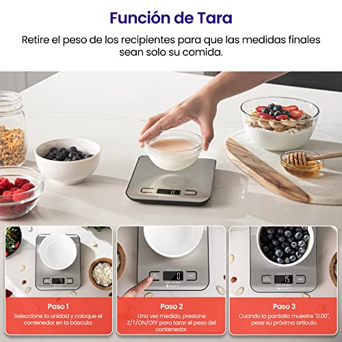 Etekcity EK6015, Báscula de Cocina Digital de Acero Inoxidable, Balanza Cocina de Alta Precisión 5 kg/ 11 lbs, Peso Cocina con Pantalla LCD, Multifuncional, 2 Baterías Incluidas