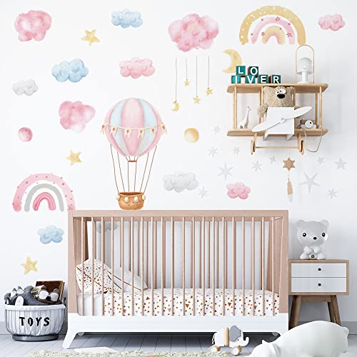 fanquare Pegatinas de Pared Arcoíris Globo Aerostático Vinilos Decorativos Rosa Nubes Luna Estrellas Acuarela Adhesivos Pared para Niños Niñas Dormitorio Sala de Estar