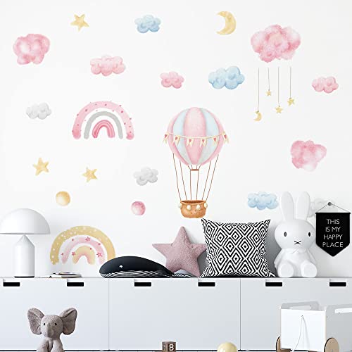 fanquare Pegatinas de Pared Arcoíris Globo Aerostático Vinilos Decorativos Rosa Nubes Luna Estrellas Acuarela Adhesivos Pared para Niños Niñas Dormitorio Sala de Estar