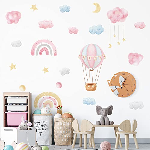 fanquare Pegatinas de Pared Arcoíris Globo Aerostático Vinilos Decorativos Rosa Nubes Luna Estrellas Acuarela Adhesivos Pared para Niños Niñas Dormitorio Sala de Estar