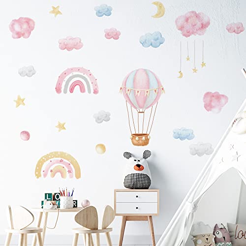 fanquare Pegatinas de Pared Arcoíris Globo Aerostático Vinilos Decorativos Rosa Nubes Luna Estrellas Acuarela Adhesivos Pared para Niños Niñas Dormitorio Sala de Estar