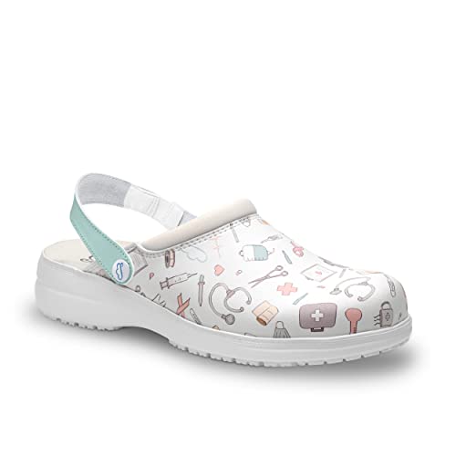 FELIZ CAMINAR - Zuecos Sanitarios Mycrom Sanitario/con Correa Antideslizantes y Cómodos para Mujer/Clínicas, Veterinarios, Hospital, Geriátricos (Sanitario, Numeric_41)