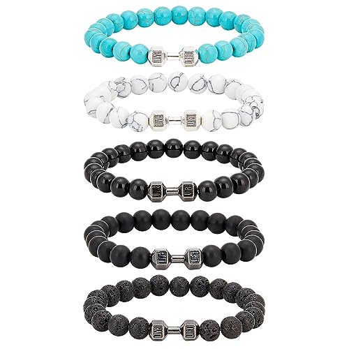 FIBLOOM Juego de 5 pulseras de mancuernas negras para levantamiento de pesas, pulseras de piedra volcánica natural, pulseras de cuentas para la ansiedad, joyería de fitness, regalos para hombres y