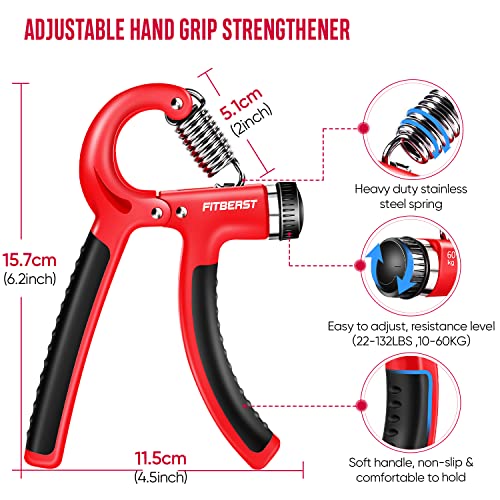 FitBeast Hand Grip para Antebrazo Ejercitar – Paquete de 5 Piezas, Fortalecedor de Agarre de Manos Ajustables, Ejercitador de Manos, para Estirar Los Dedos, Anillo para Entrenar y Pelota Anti Estrés