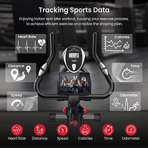 FITINDEX Bicicleta de Ejercicio Magnética para Interior, Bicicleta Estática para el Hogar, Bicicleta Giratoria con Cinturón Silencioso con Volante de Inercia de 40 Libras, Asiento Cómodo, Monitor LCD