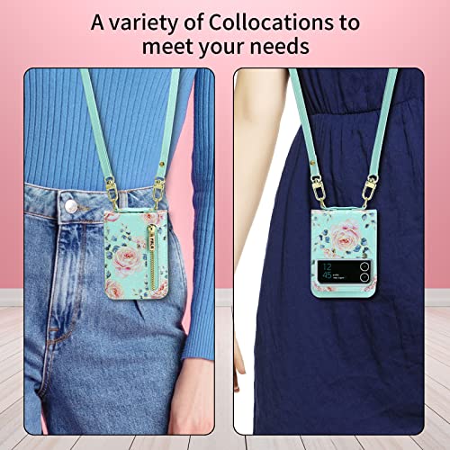 Funda tipo cartera con flores para Samsung Galaxy Z Flip 4 5G con correa para tarjetas de crédito, cordón para mujer, soporte floral, cierre de cuero (Z Flip 4, verde)
