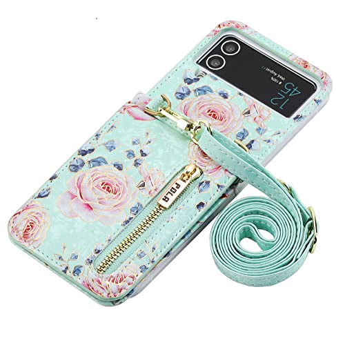 Funda tipo cartera con flores para Samsung Galaxy Z Flip 4 5G con correa para tarjetas de crédito, cordón para mujer, soporte floral, cierre de cuero (Z Flip 4, verde)