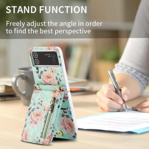Funda tipo cartera con flores para Samsung Galaxy Z Flip 4 5G con correa para tarjetas de crédito, cordón para mujer, soporte floral, cierre de cuero (Z Flip 4, verde)