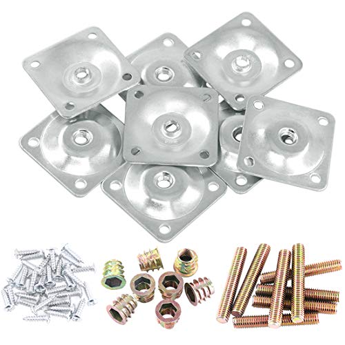 Glarks Juego de 8 placas de montaje de patas de muebles plateadas, 8 placas de fijación de patas con 40 pernos de suspensión de 5/16 pulgadas, tornillos para muebles, sofá, asientos